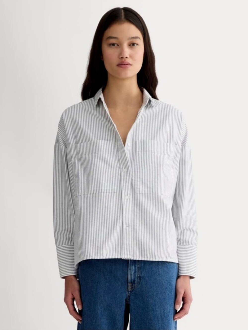 Everlane The Boxy Oxford Black White Organic Cotton Striped Button Down Shirt Sm
